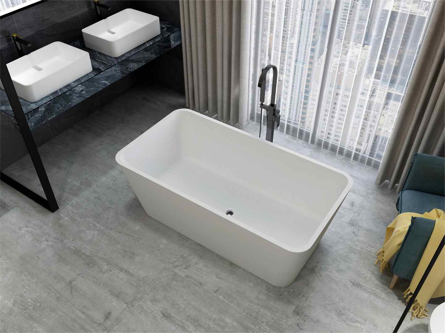 white Rectangular bathtub with black faucet fromCpingao