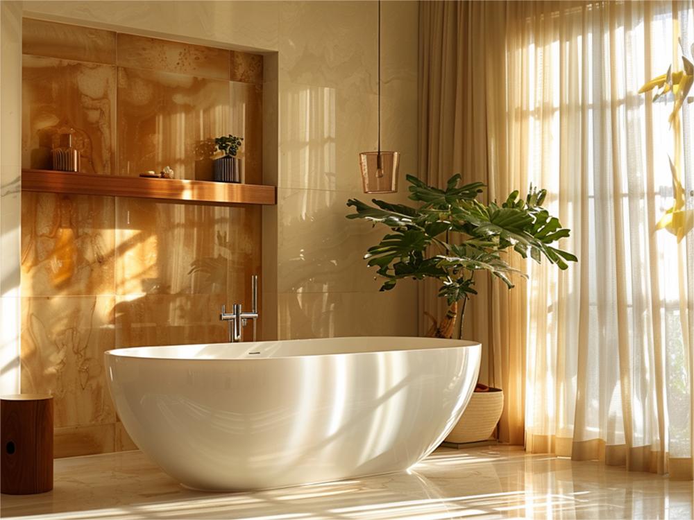 Acrylic solid surface bathtub in a sunlit bathroom.