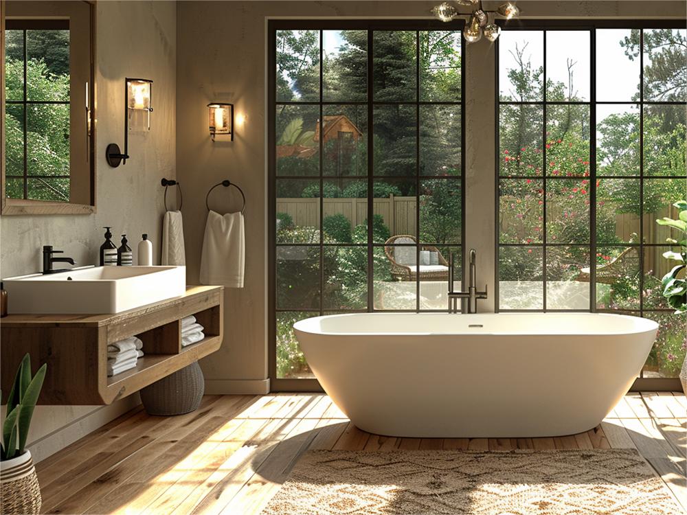 acrylic solid surface bathtub with forest view in bathroom from Cpingao