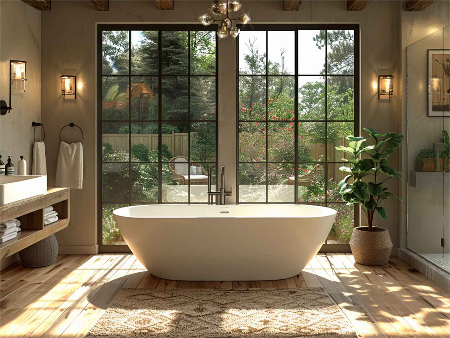 acrylic solid surface bathtub with forest view in bathroom from Cpingao