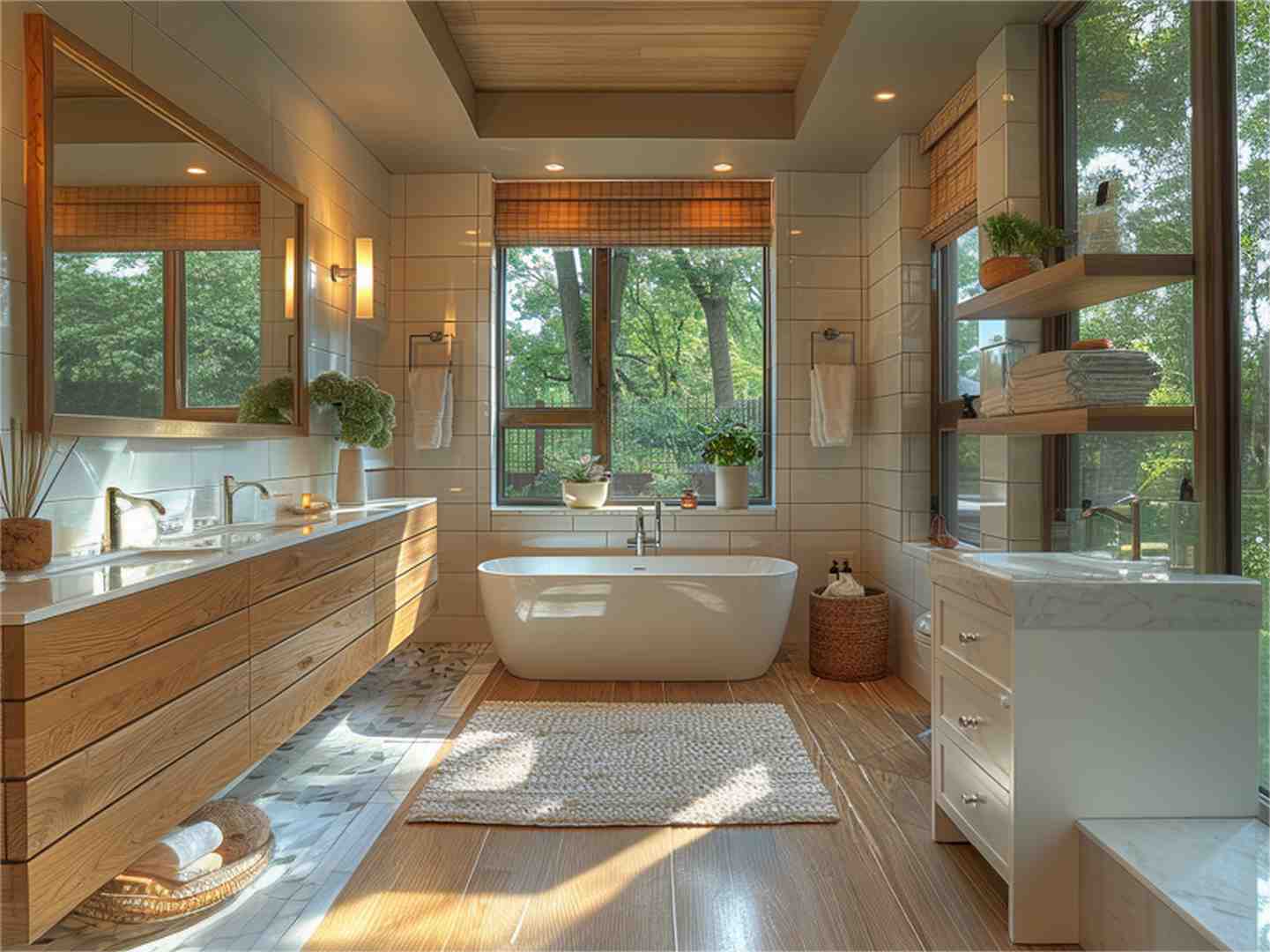 Freestanding bathtub in a modern, sunlit bathroom.